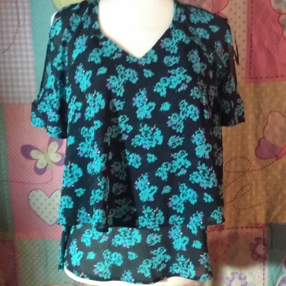 Juicy Couture Womens Small Floral Layered Cold-Shoulder Top